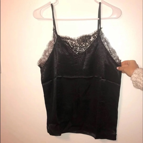 Black Satin Sexy Lace Trim Cami Tank Top - Picture 4 of 5
